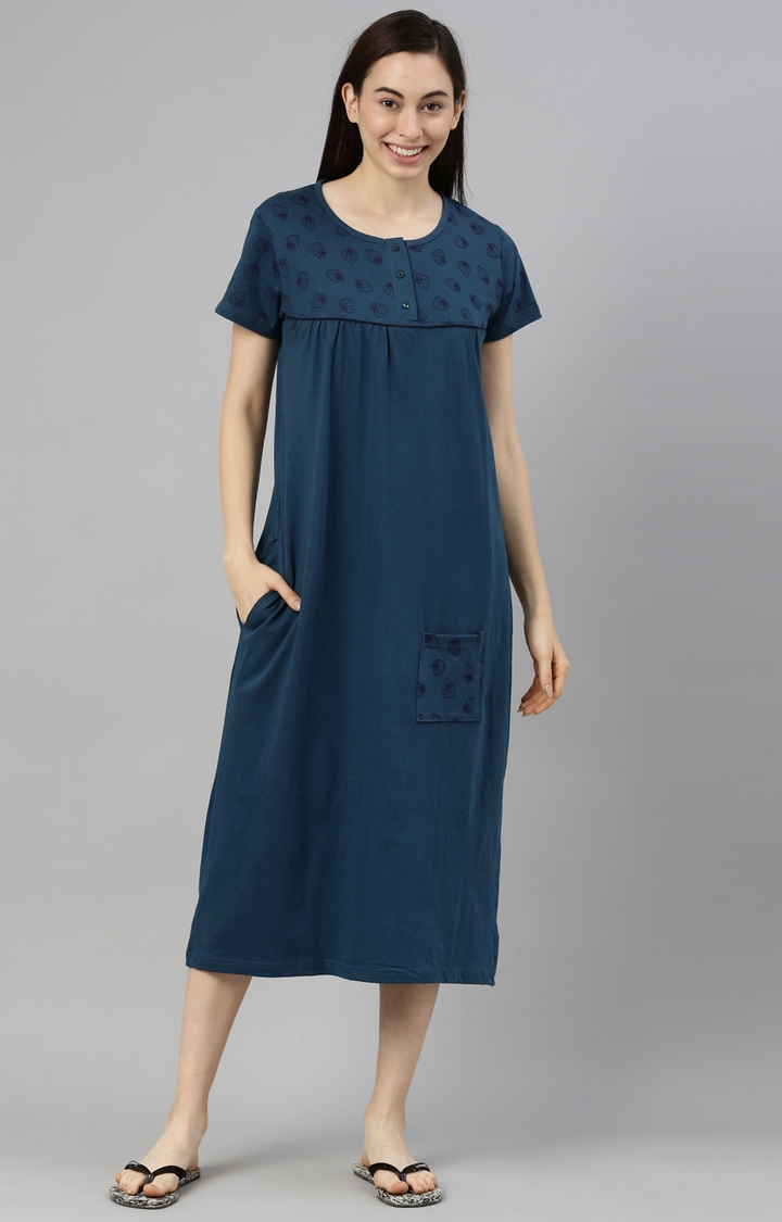 Kryptic | Teal Printed Cotton Night Gowns