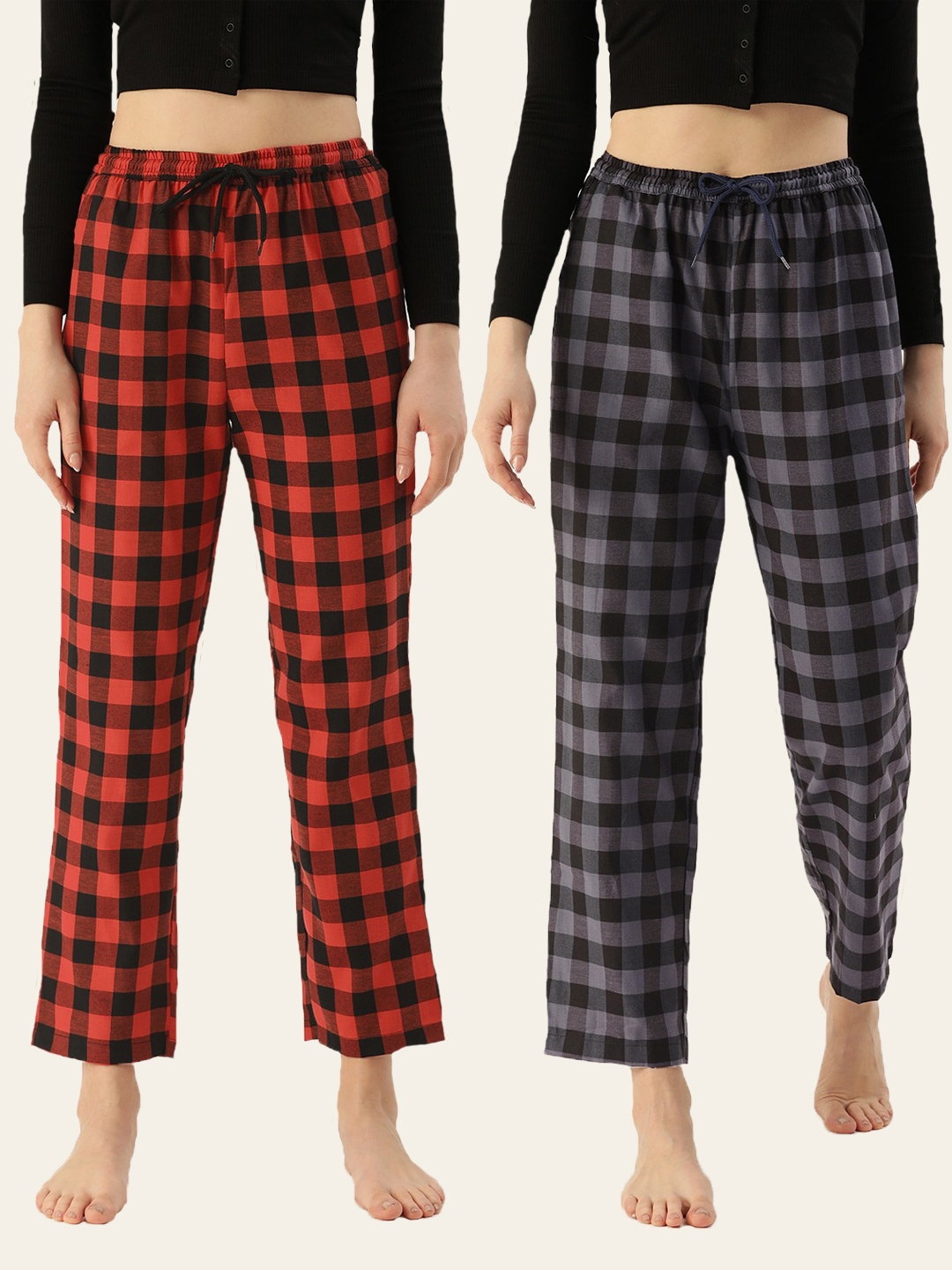 Kryptic | Kryptic Women's 100% Cotton Checked Printed Lounge Pants - Pack of 2