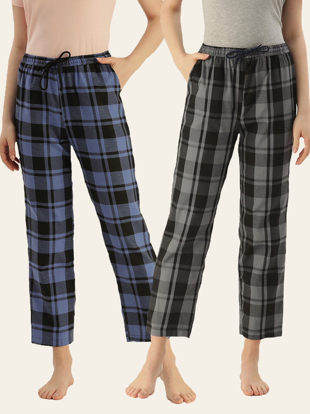 Kryptic | Kryptic Womens 100% Cotton Checked Printed Full Length Lounge Pants - Pack of 2