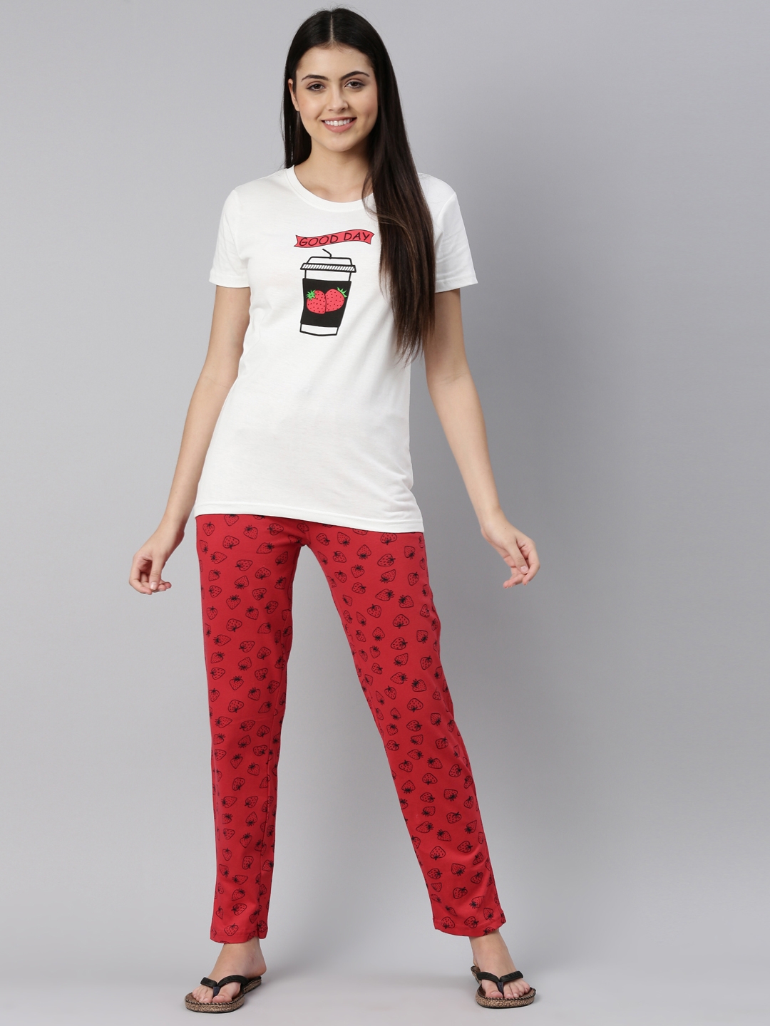 Kryptic | Kryptic Womens Off White & Red Cotton printed nightsuit with Tshirt and Pyjama pant