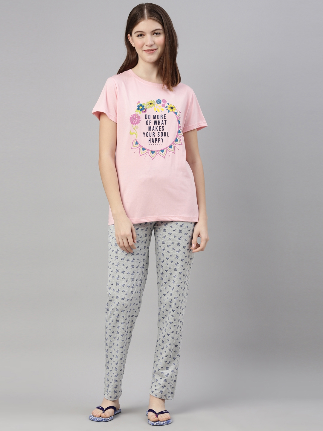 Kryptic | Pink & Grey Melange Cotton T-Shirt and Pyjama Set