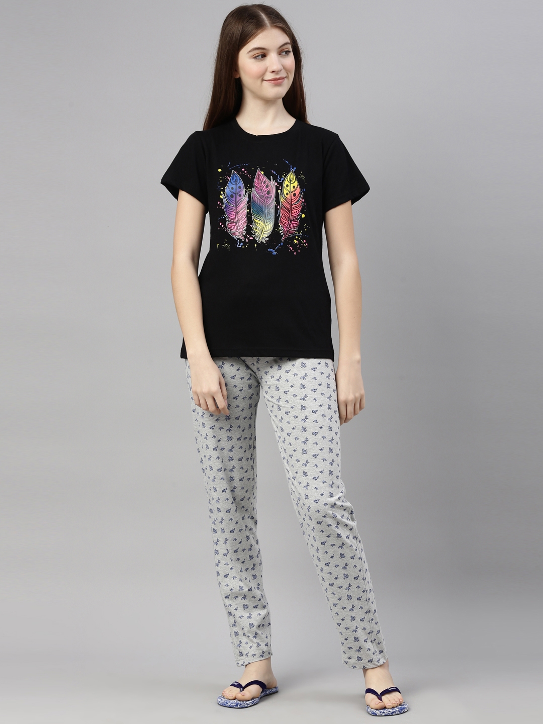 Kryptic | Black & Grey Melange Cotton T-Shirt and Pyjama Set