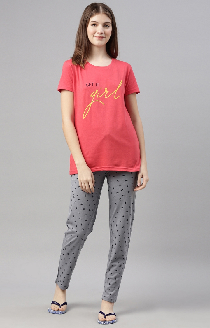 Kryptic | Pink & Grey Cotton T-Shirt and Pyjama Set