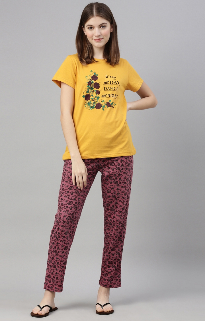 Kryptic | Mustard & Maroon Cotton T-Shirt and Pyjama Set