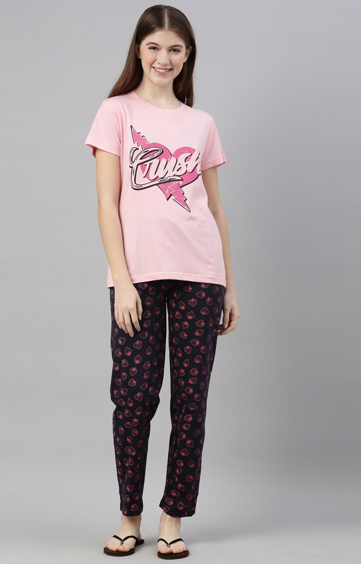 Kryptic | Pink & Navy Cotton T-Shirt and Pyjama Set