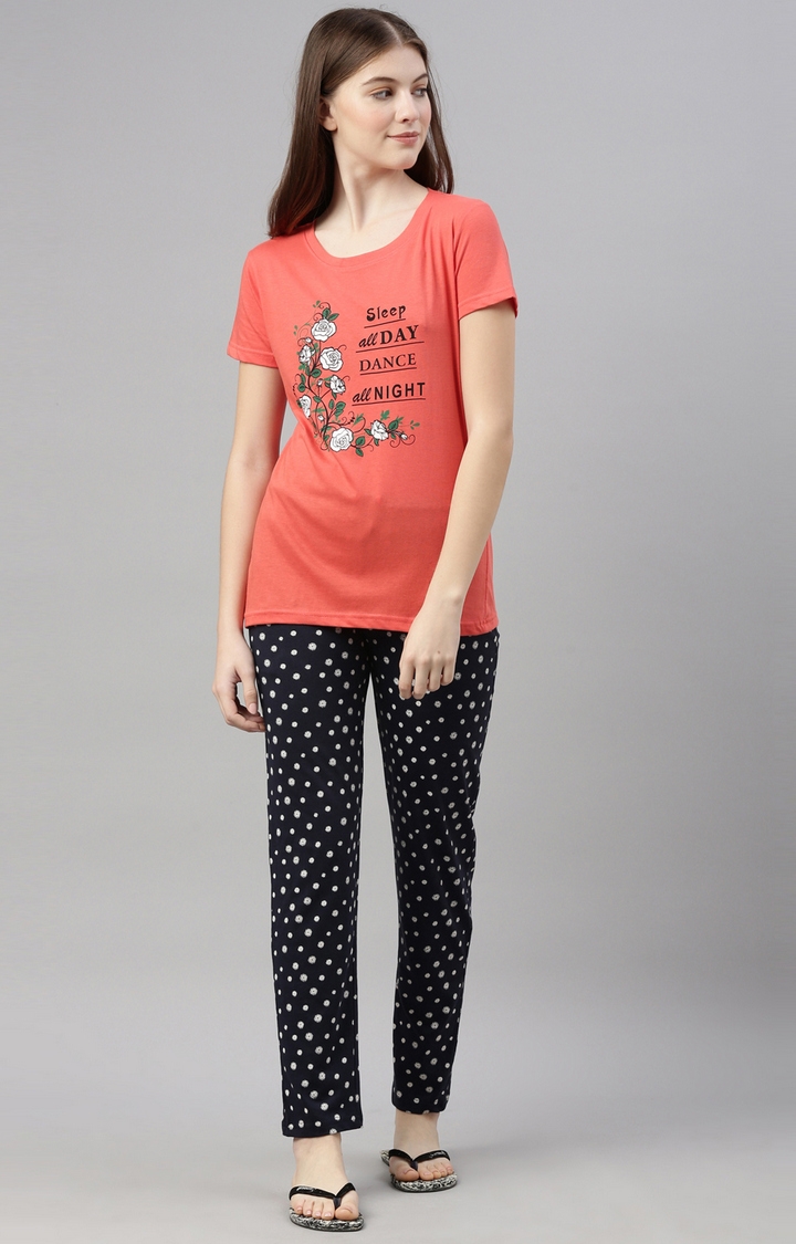 Kryptic | Coral & Navy Cotton T-Shirt and Pyjama Set