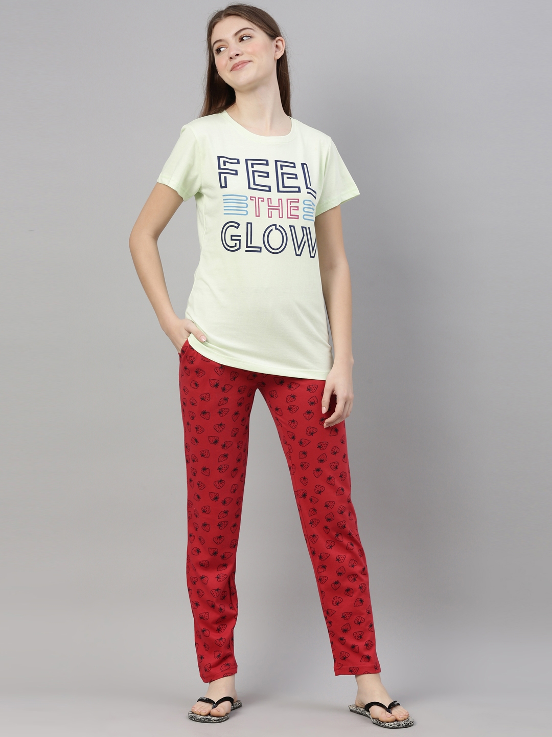 Kryptic | Light Green & Red Cotton T-Shirt and Pyjama Set