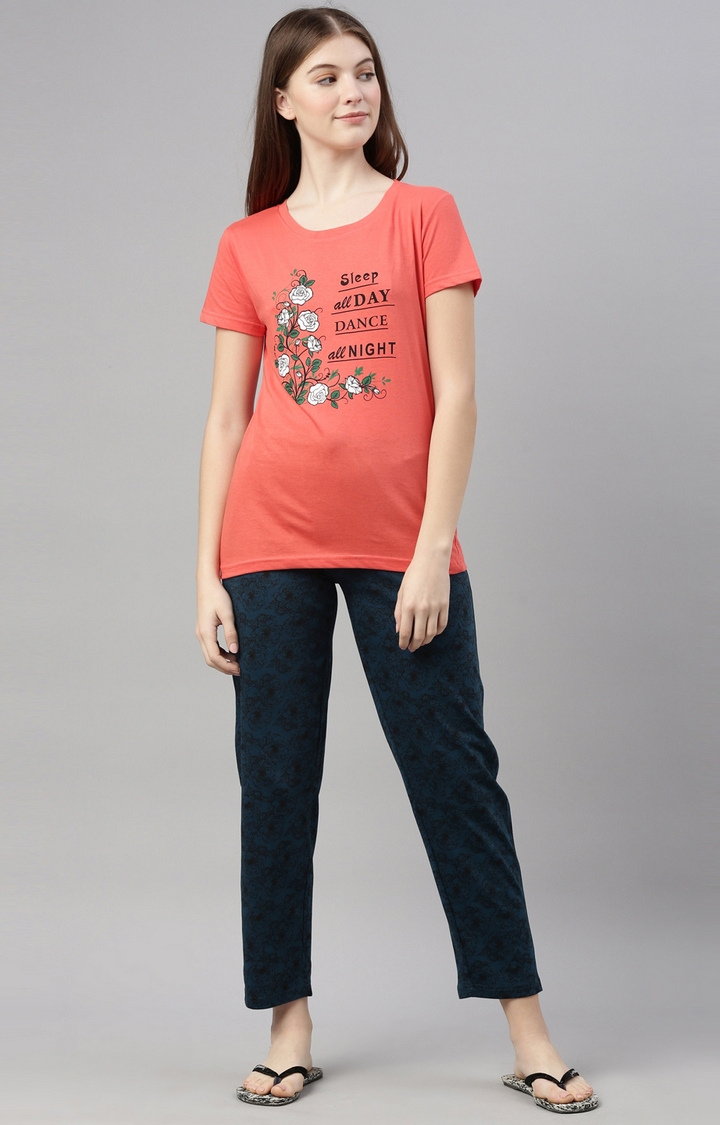 Kryptic | Coral & Teal Blue Cotton T-Shirt and Pyjama Set