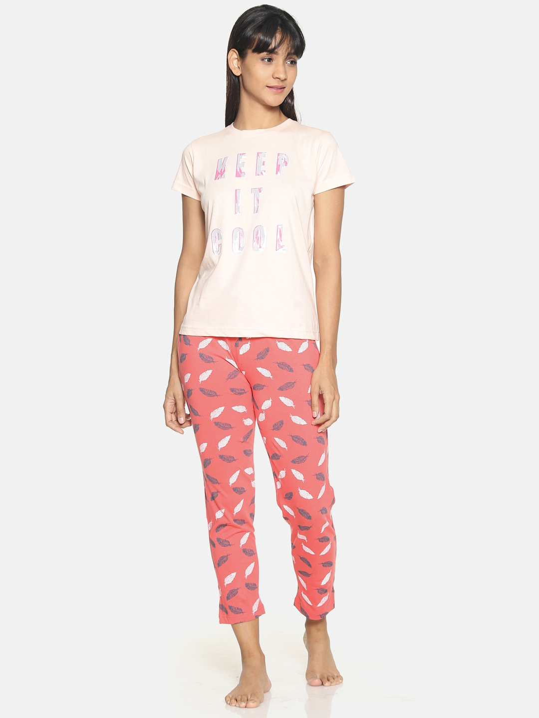 Kryptic | Kryptic Womens 100% cotton printed nightsuit with all over printed bottom and printed Tshirt