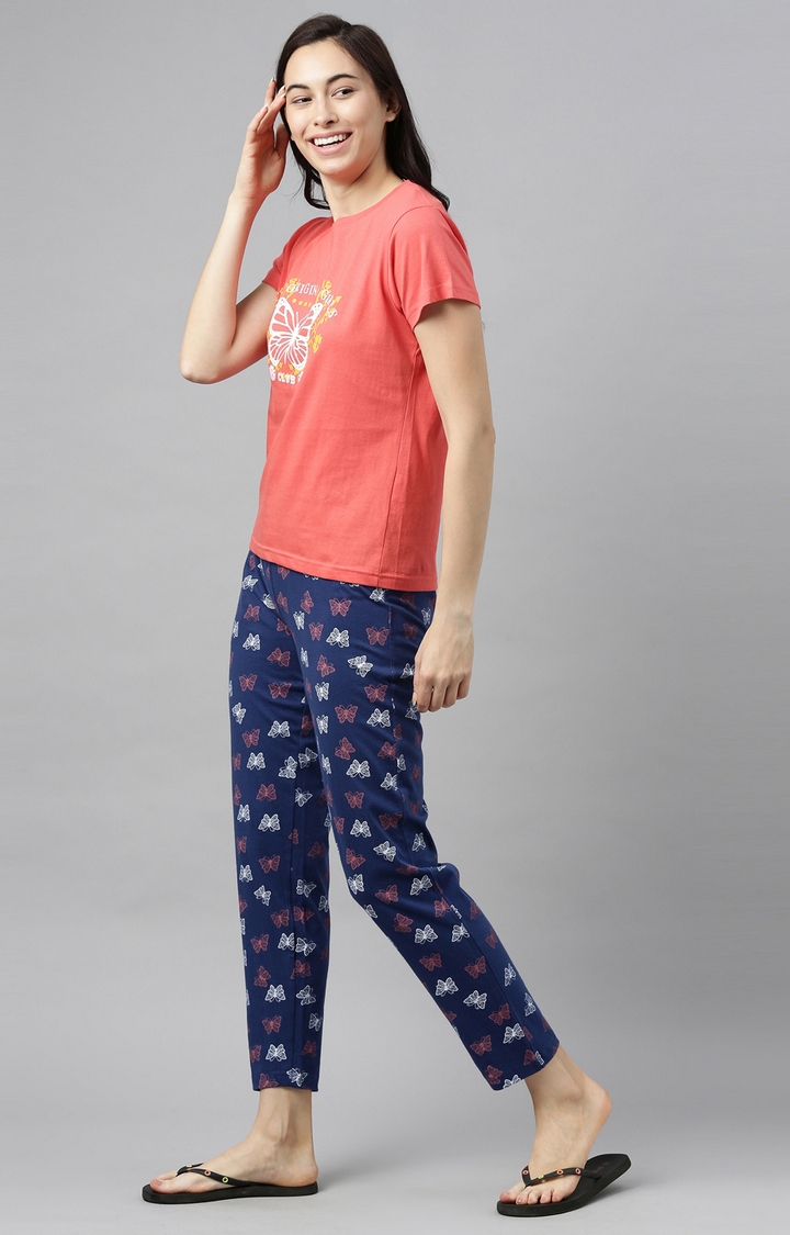 Coral & Blue Cotton T-Shirt and Pyjama Set