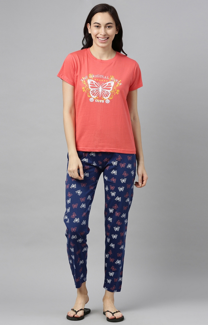 Coral & Blue Cotton T-Shirt and Pyjama Set