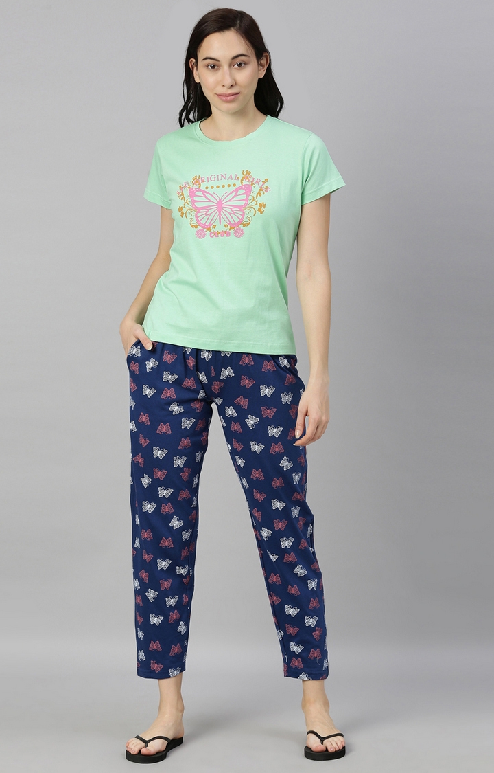 Kryptic | Pista Green & Blue Cotton T-Shirt and Pyjama Set