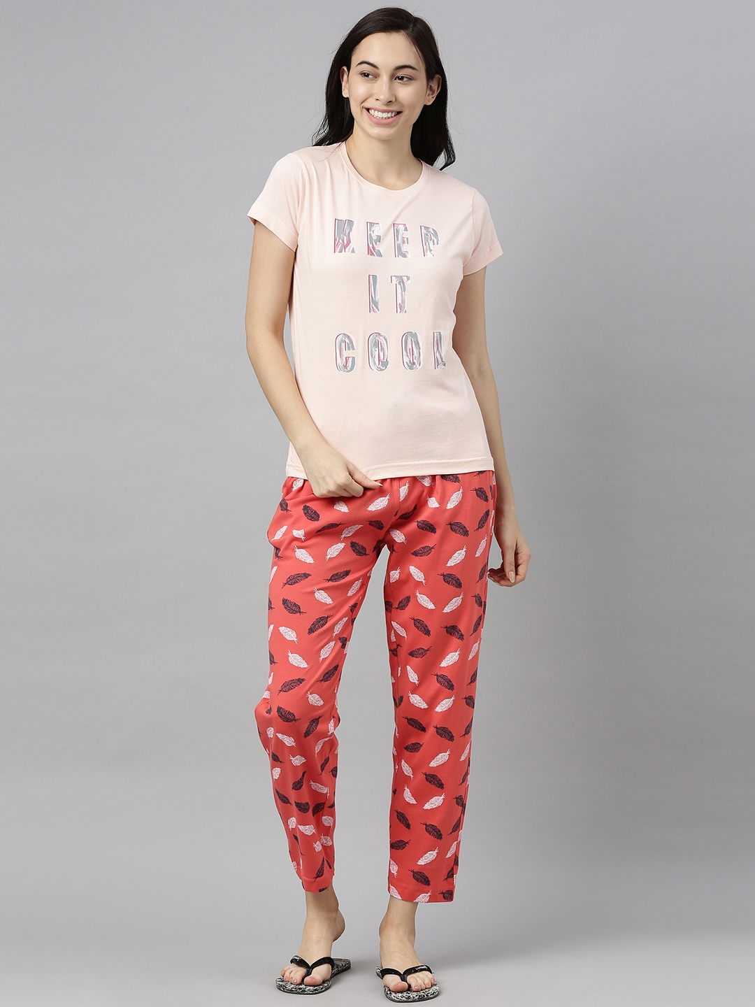 Kryptic | Light Pink & Orange Cotton T-Shirt and Pyjama Set