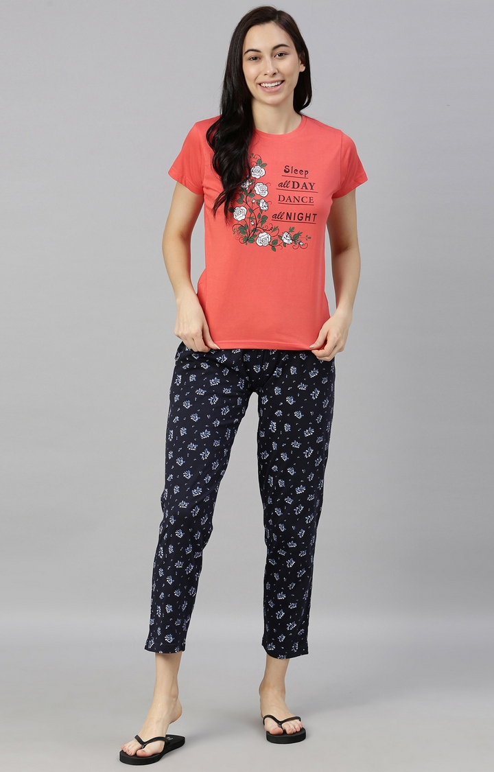 Coral & Navy Cotton T-Shirt and Pyjama Set