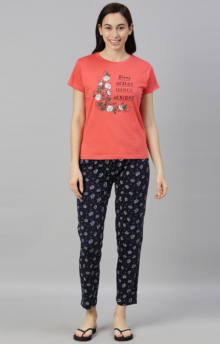 Kryptic | Coral & Navy Cotton T-Shirt and Pyjama Set