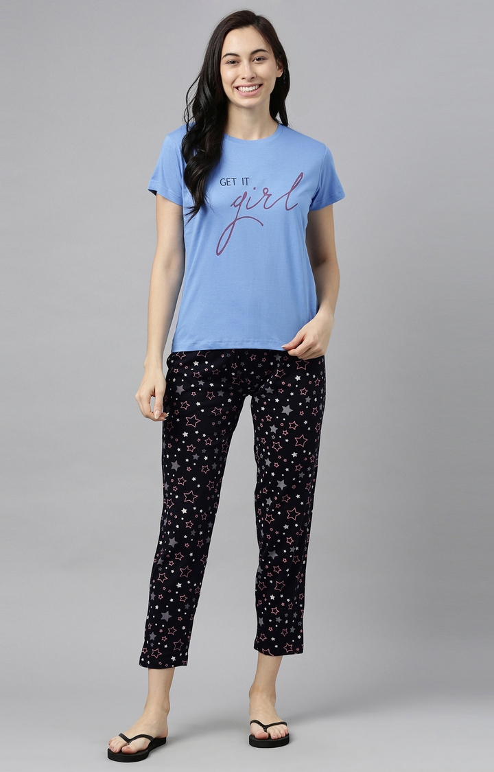 Blue & Black Cotton T-Shirt and Pyjama Set