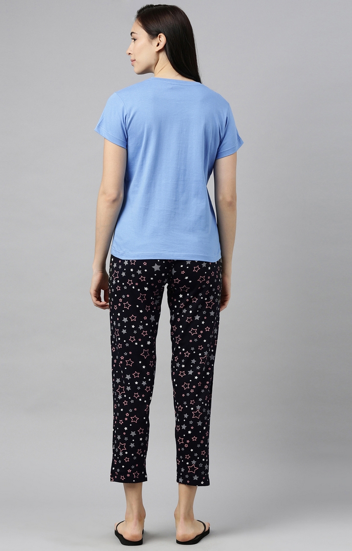 Blue & Black Cotton T-Shirt and Pyjama Set
