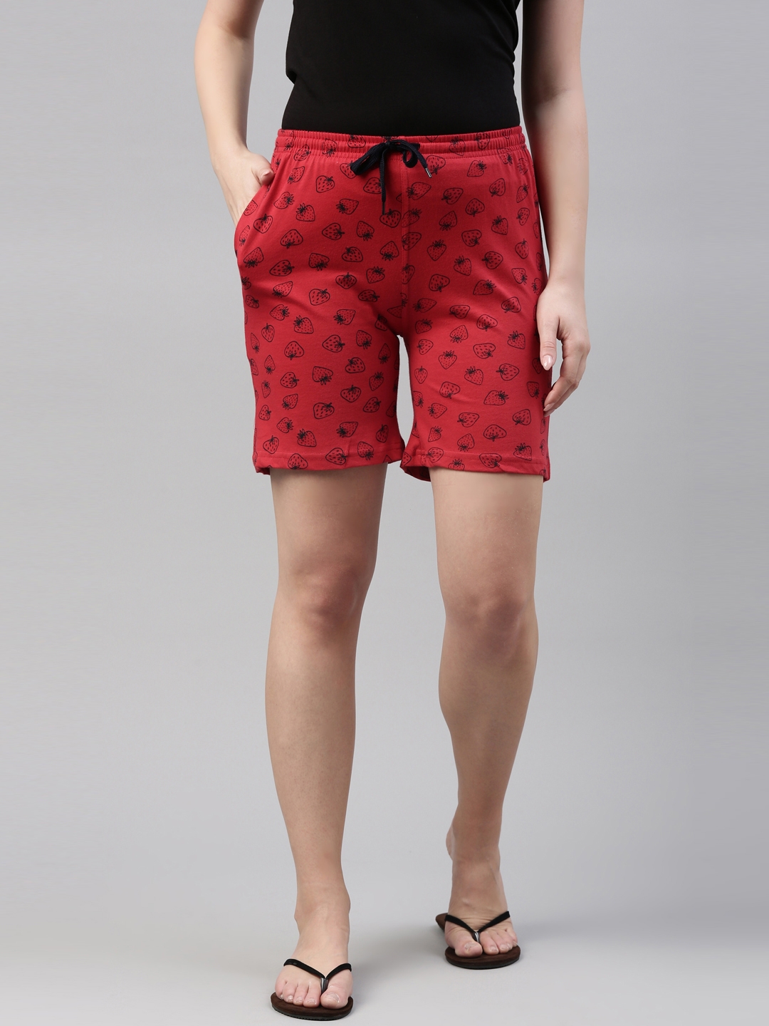 Kryptic | Kryptic Women Red & Navy Blue Pure Cotton Printed Lounge Shorts
