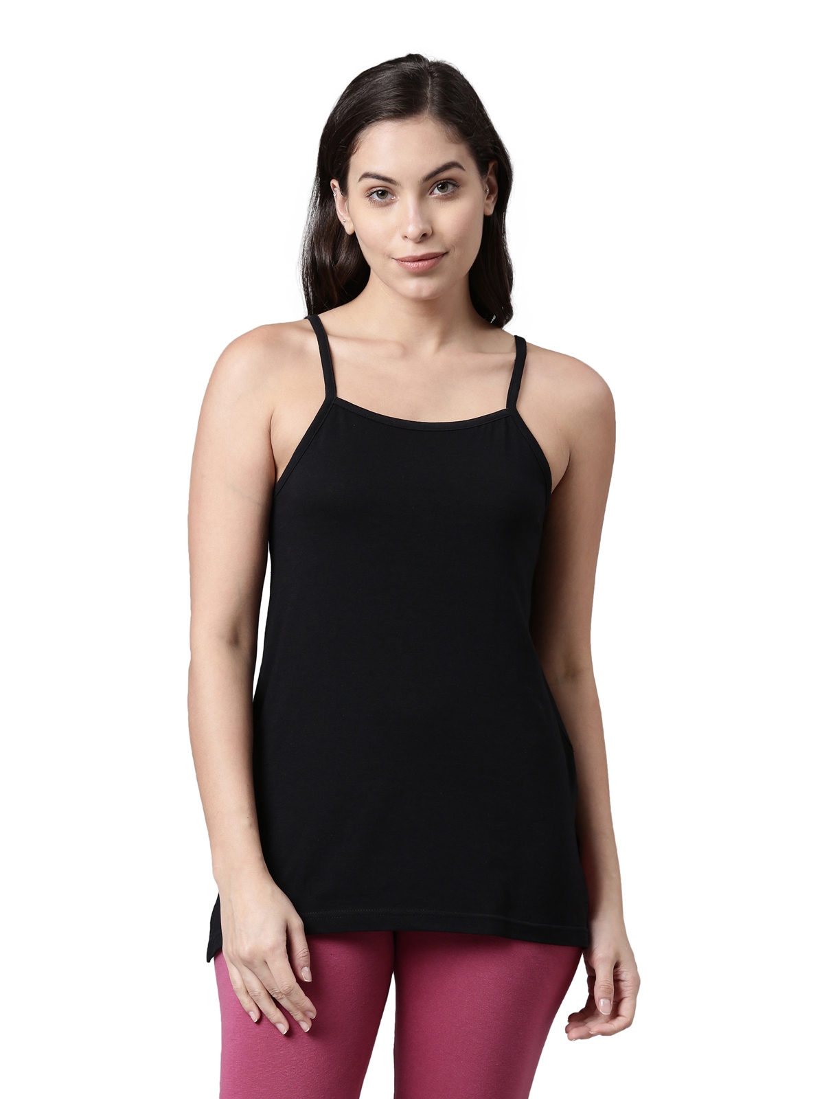 Kryptic | Kryptic Womens cotton Black solid long camisole with adjustable straps