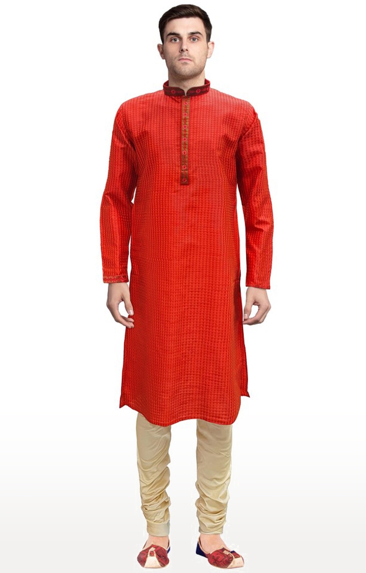 Sreemant | Sreemant Blended Silk Woven Red Kurta for Men