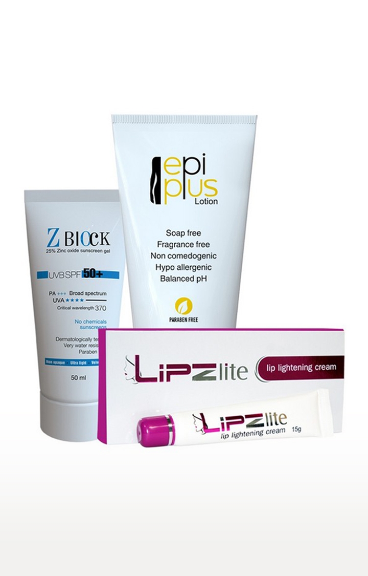 EMM | Sensitive Skincare Kit : Epiplus Lotion 100ml, Zblock Sunscreen 50ml, And Lipzlite Lightening Cream 15gm