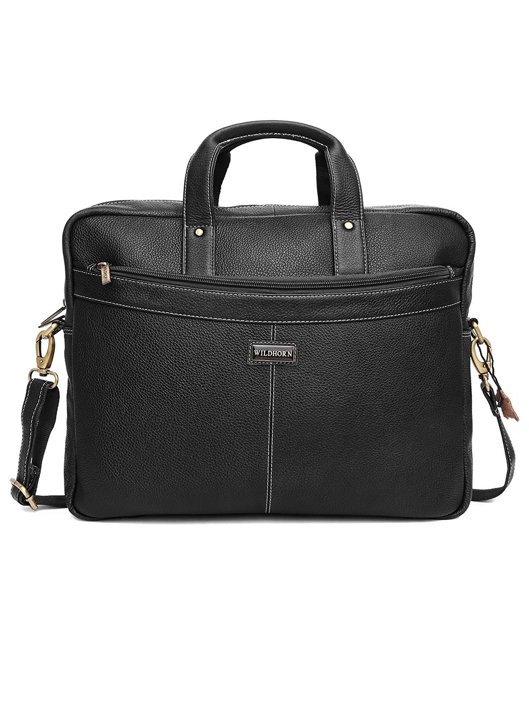 WildHorn | WildHorn Black Leather Laptop Messenger Bag for Men| Padded Laptop Compartment |Office Bag 