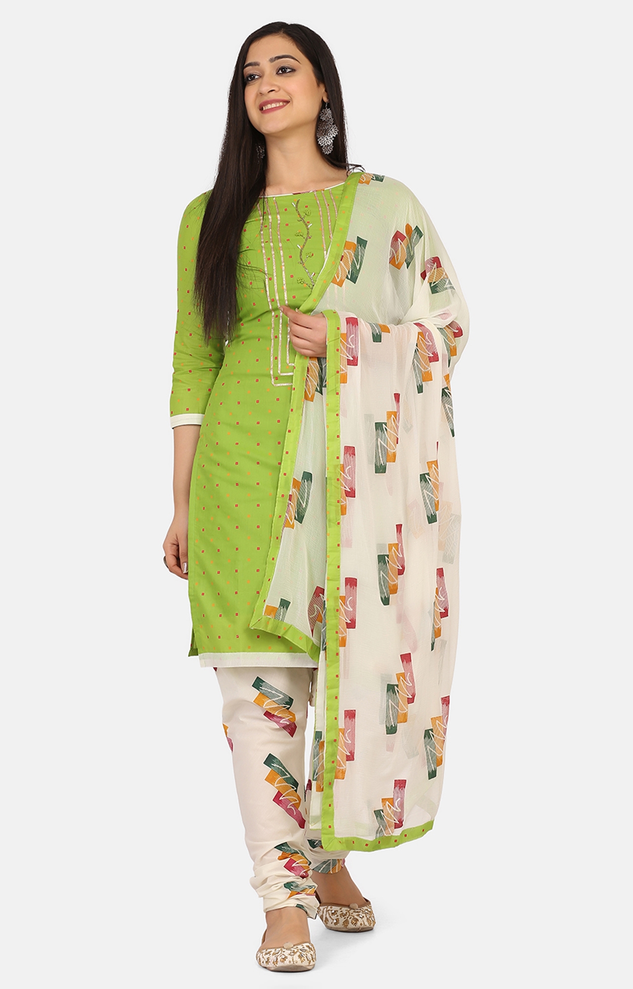 SHAILY RETAILS | Shaily Green Color Cotton Blend Embroidered Unstitched Dress Material-VF_TBLPNTGRN39_DM