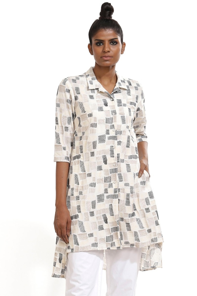 ABRAHAM AND THAKORE | Embroidered Scrible Check High Low Shirt