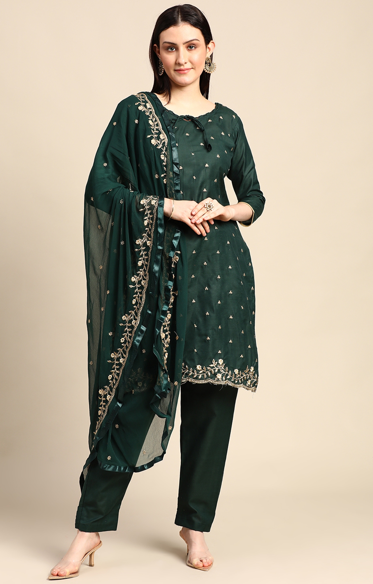 SHAILY RETAILS | Shaily Women Dark Green Color Cotton Embroidered Unstitched Dress Material-VF_MIRZA_DGRN_DM