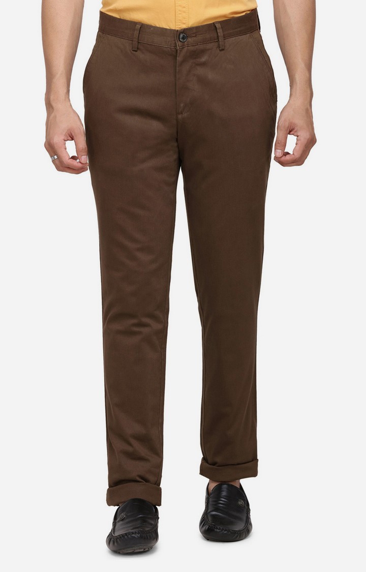 JBCT96/1,D.BROWN SELF Men's Brown Cotton Blend Solid Formal Trousers