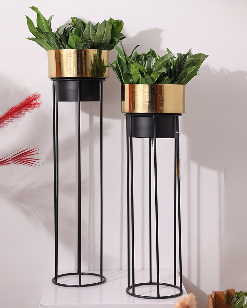 Order Happiness | Order Happiness Metal Round Flower Vase With Black Stand Without Flower For Home Decoration, Living Room & Office - ( Set Of 2)