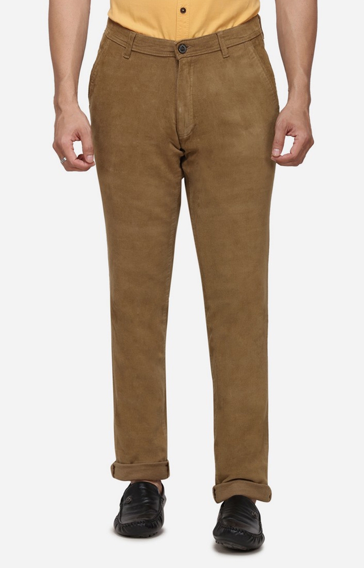 JBCT93/3,KHAKHI SELF Men's Brown Cotton Blend Solid Formal Trousers