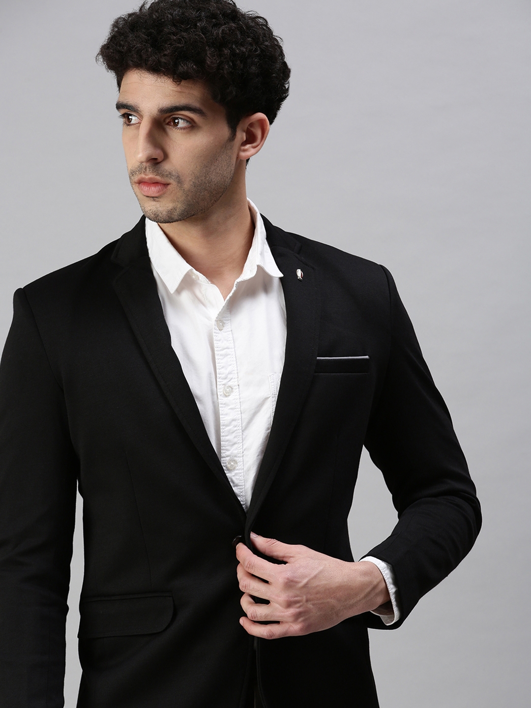 Men's Black Cotton Blend Solid Blazers