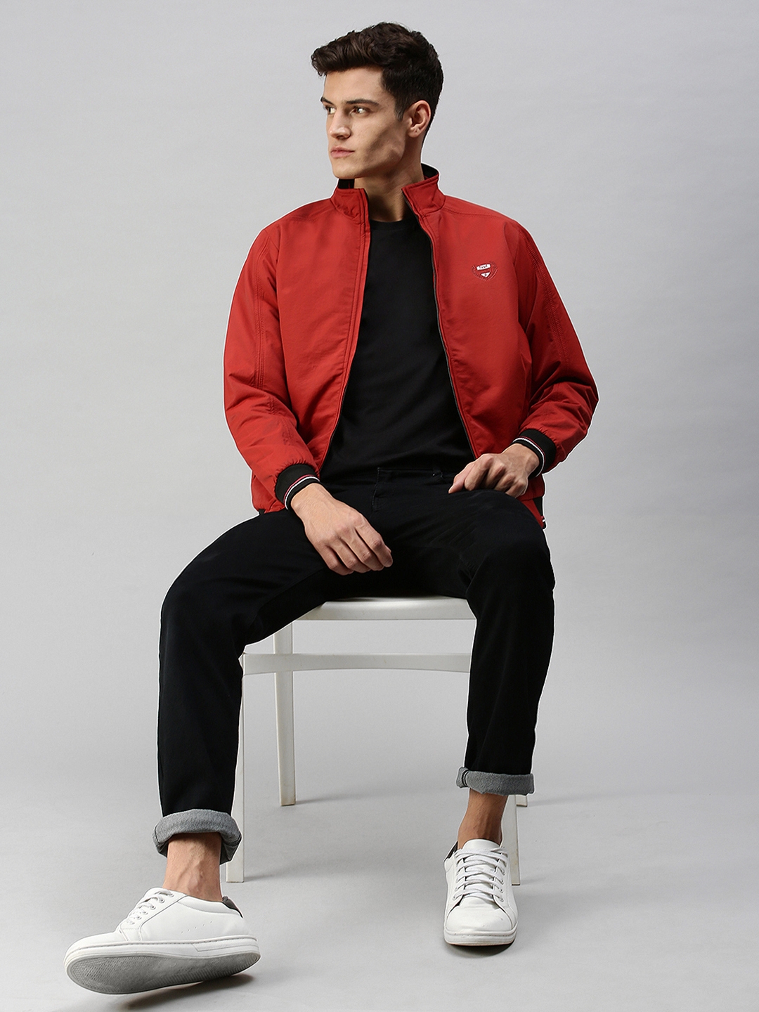 Men's Red Cotton Solid Bomber Jackets