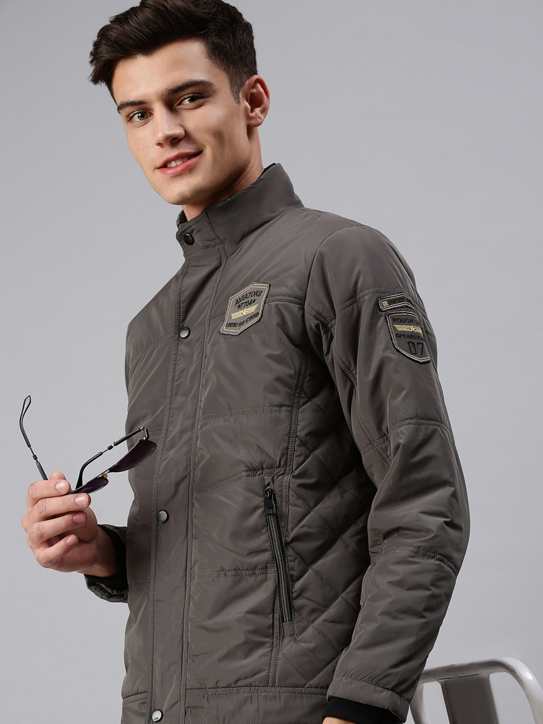 Men's Grey Polyester Solid Bomber Jackets