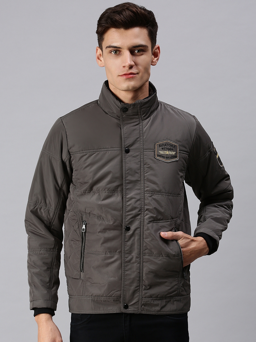 Men's Grey Polyester Solid Bomber Jackets