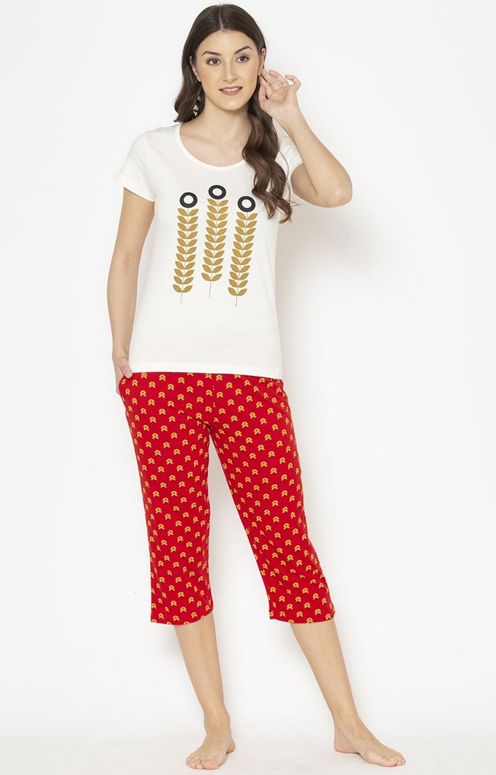 Women's Off White and Red Cotton Printed Nightwear Set