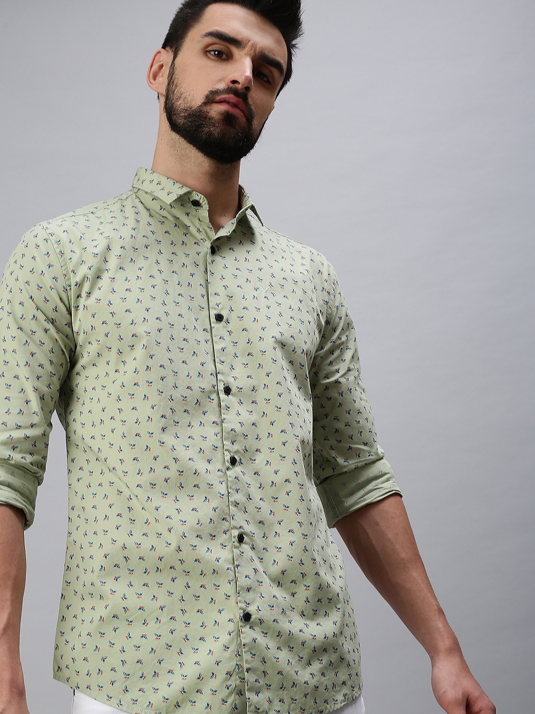 Showoff | SHOWOFF Men's Casual Slim Collar Green Printed Shirt