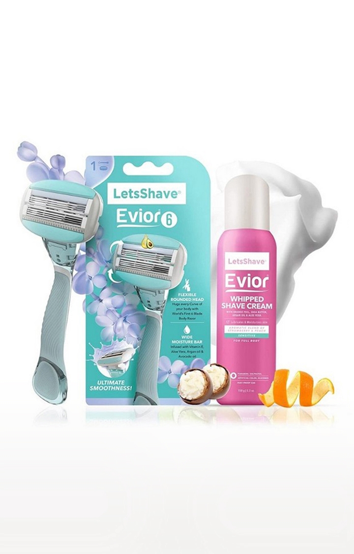 LetsShave Evior 6 Body Razor Trial Kit for Sensitive Skin - Twin Three Blade Design Razor + Women Whipped shave cream- 150 g
