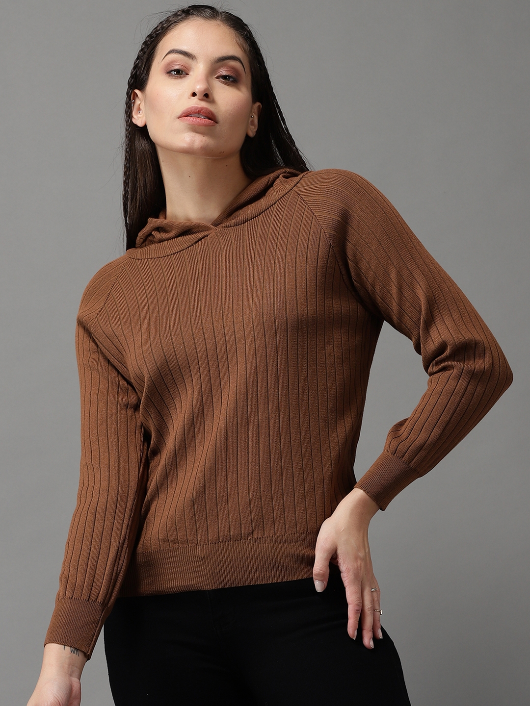SHOWOFF Women's Long Sleeves Regular Brown Solid Pullover