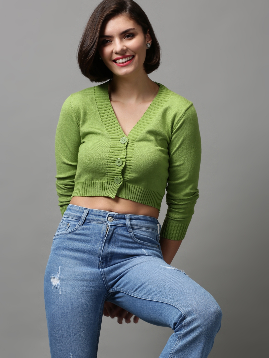 SHOWOFF Women's Long Sleeves V-Neck Green Solid Sweater Vest