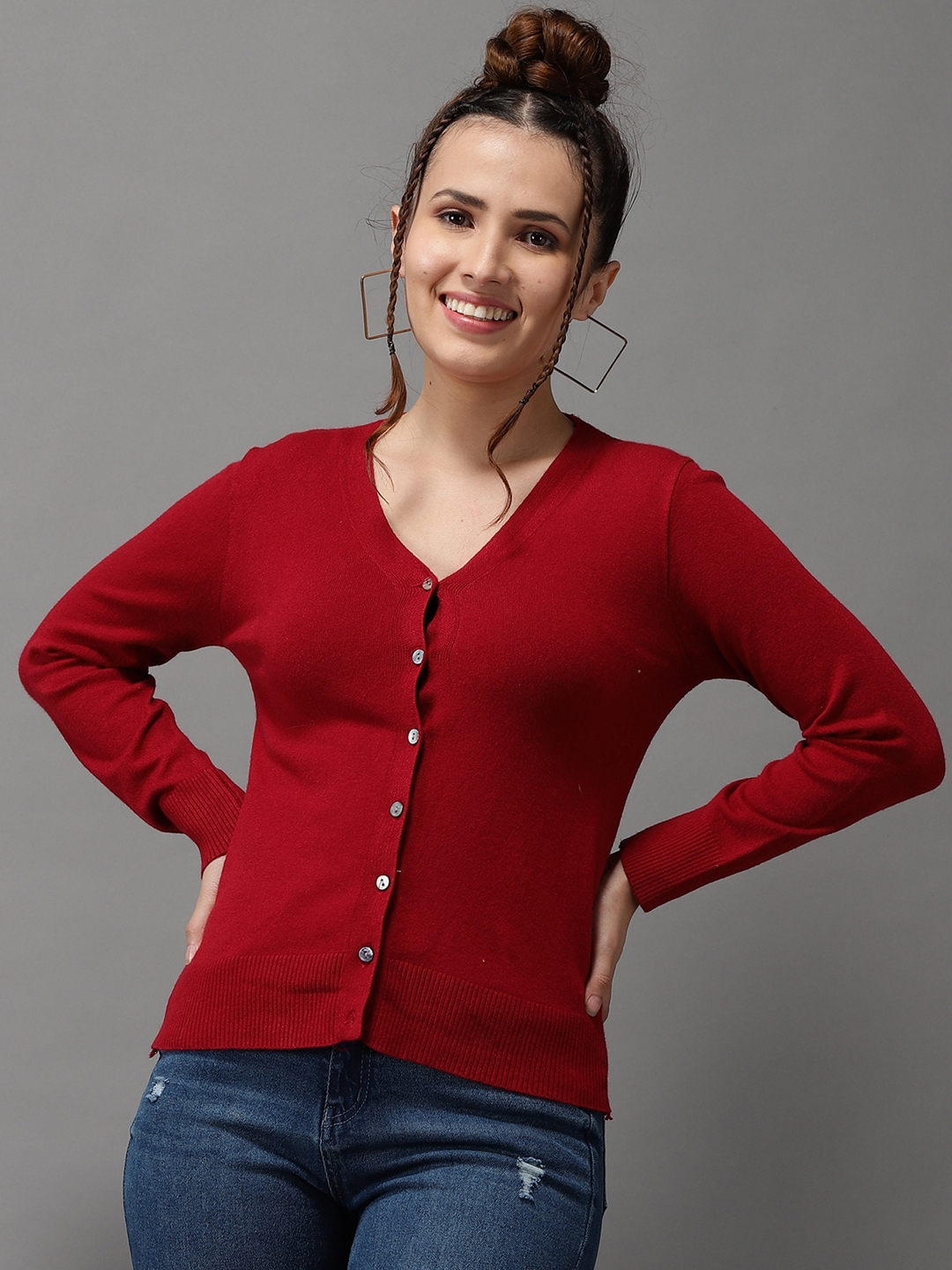 SHOWOFF Women's Long Sleeves Regular Maroon Solid Front-Open