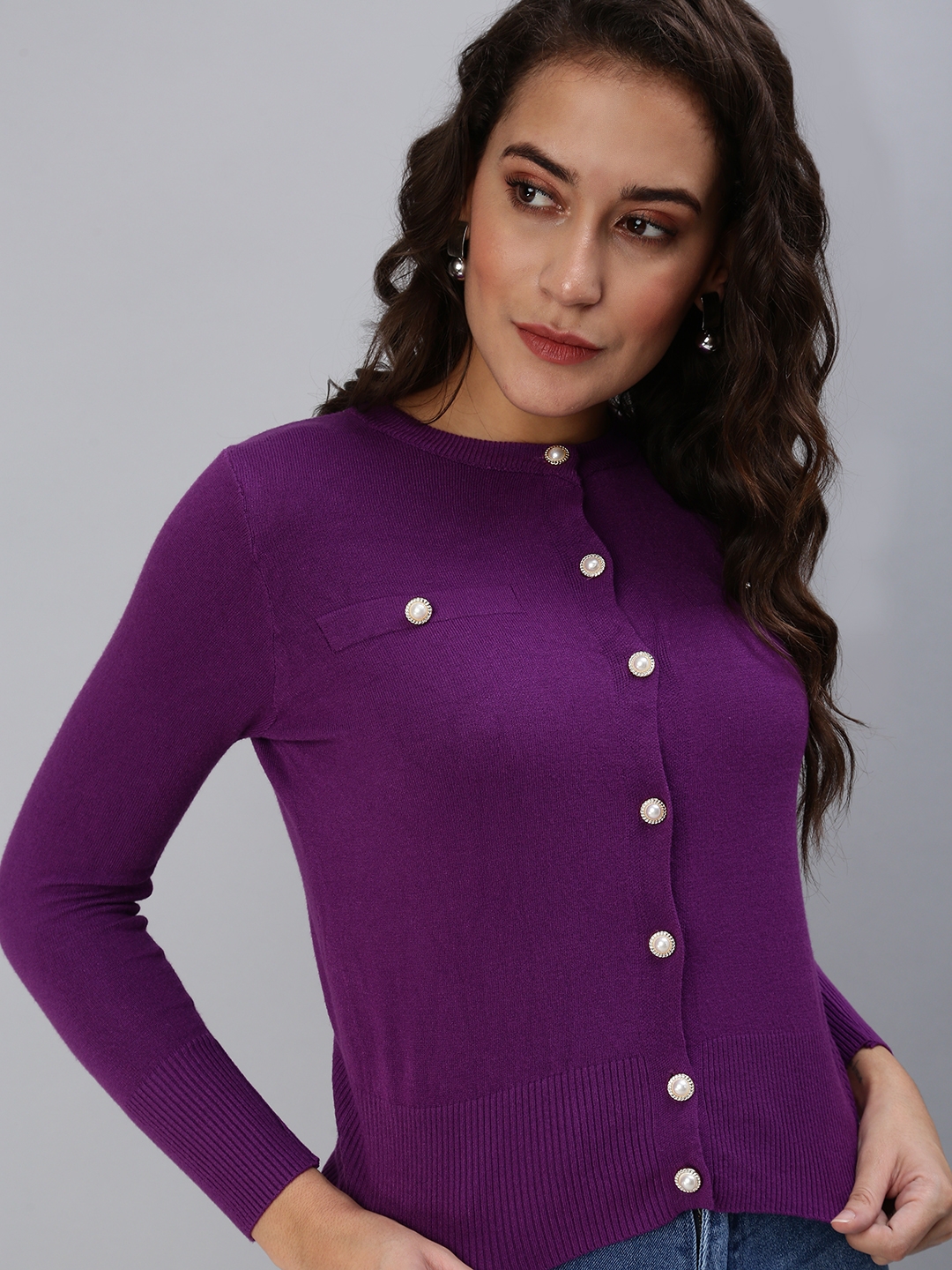SHOWOFF Women's Solid Fitted Purple Round Neck Top