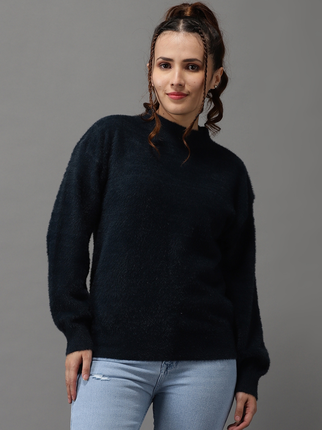 Women's Blue Acrylic Solid Sweaters