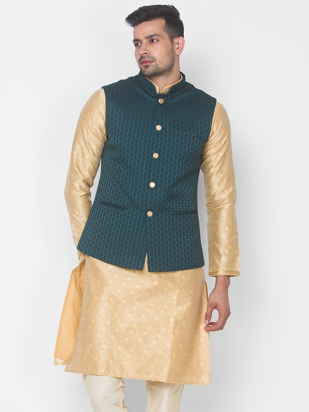 Ethnicity | Green Jacquard sleeveless jacket