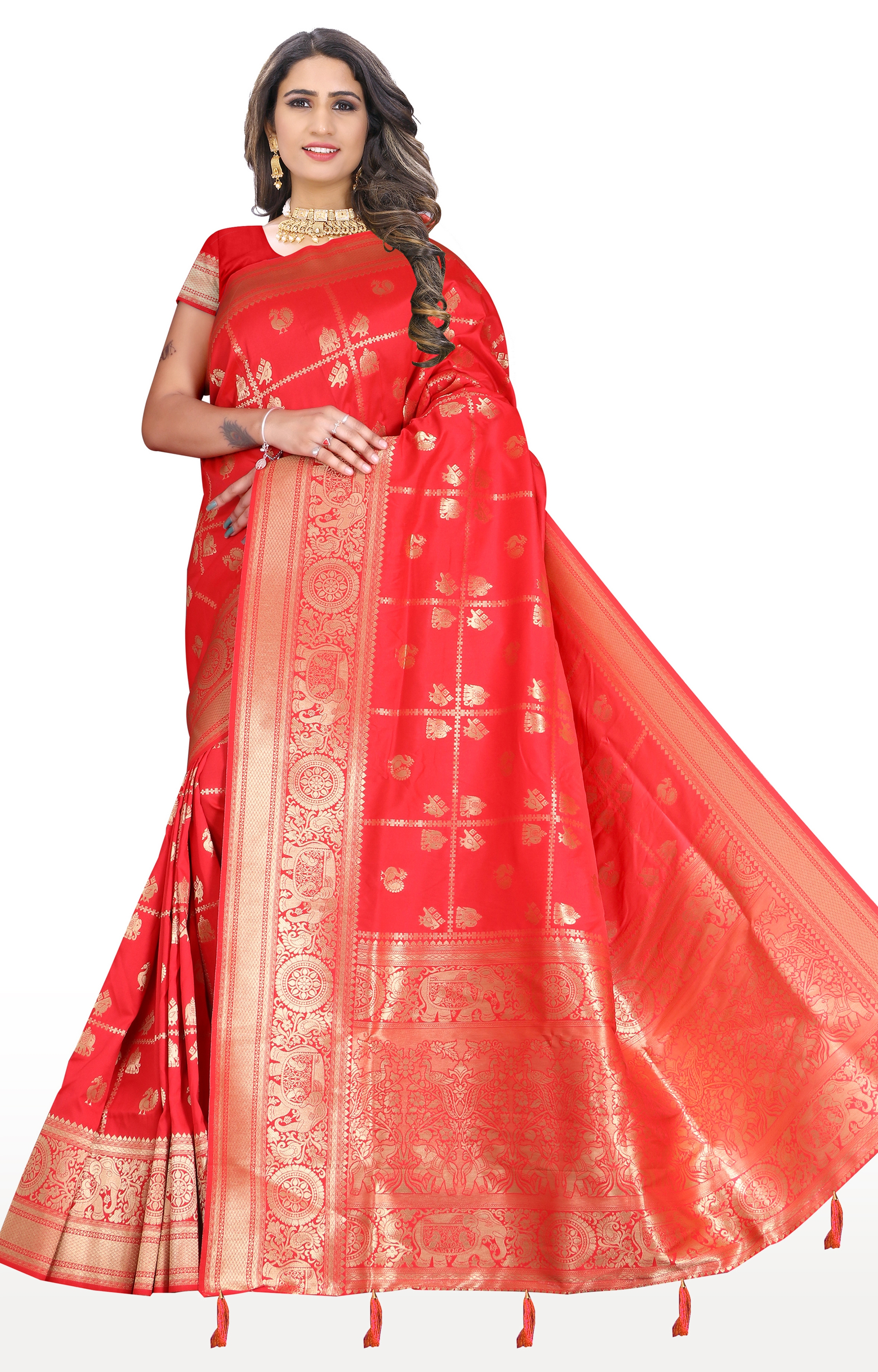 Glemora | Glemora Saree for Women Banarasi Silk Saree With Blouse (Red)