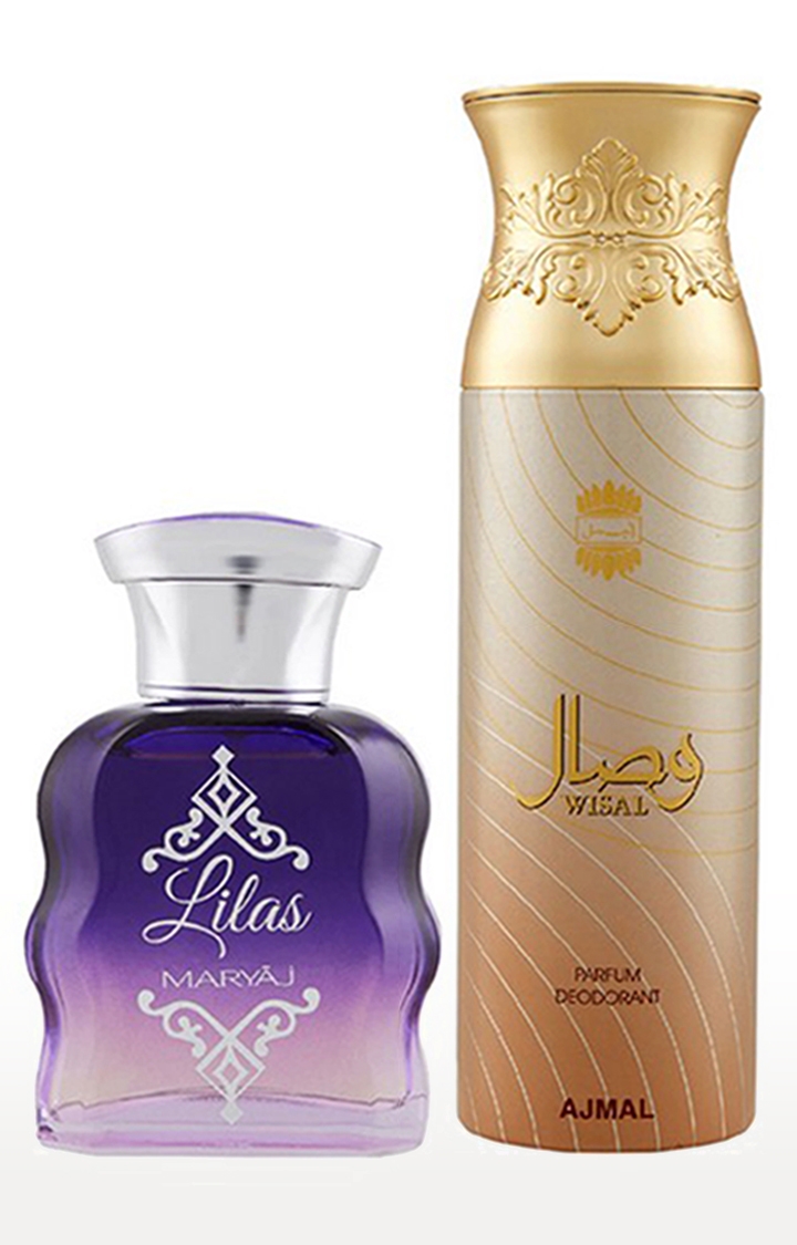 Maryaj Lilas Eau De Parfum Perfume 100ml for Women and Ajmal Wisal Deodorant Musky Fragrance 200ml for Women