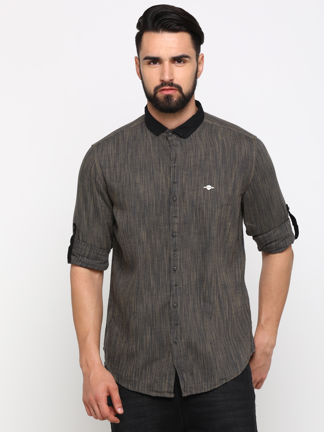 With | With Men's Brown Linen Printed Slimfit Shirt