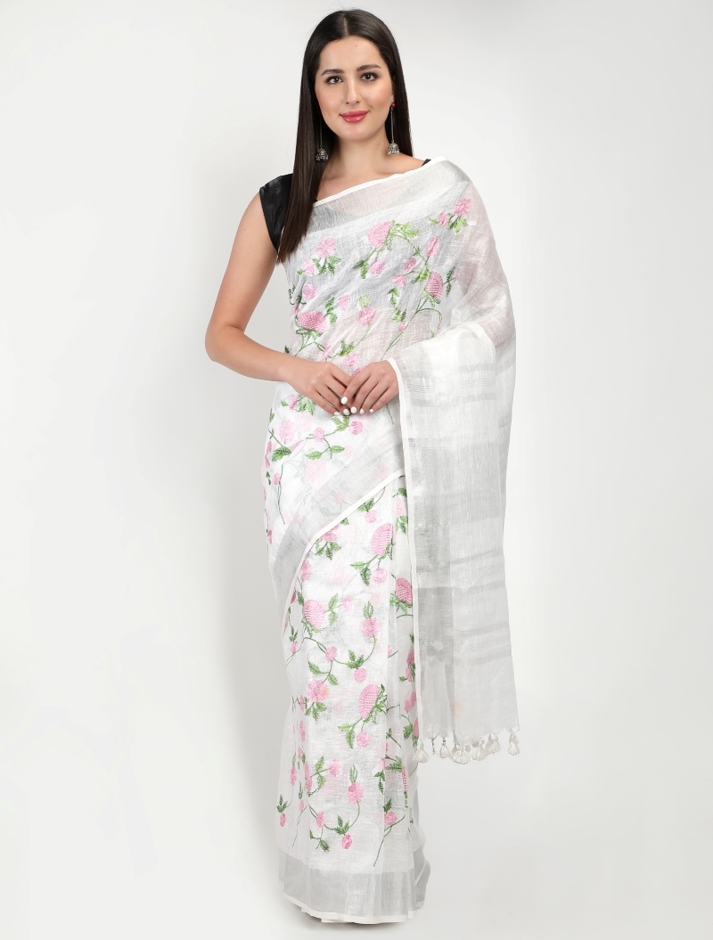 Loophoop | Digital Embroidery Linen Saree  with Blouse 