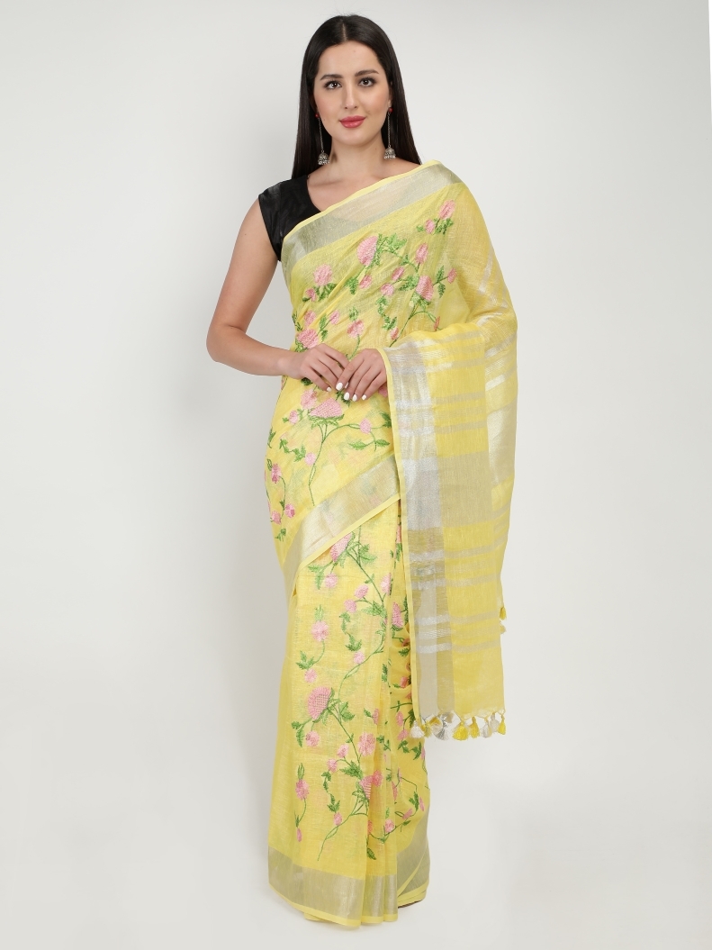 Loophoop | Digital Embroidery  Linen Saree  with Blouse 